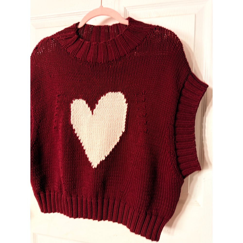 Maeve Anthropologie Heart Intarsia Knit Sweater Vest Burgundy Pink 1X Mock Neck - Picture 5 of 9